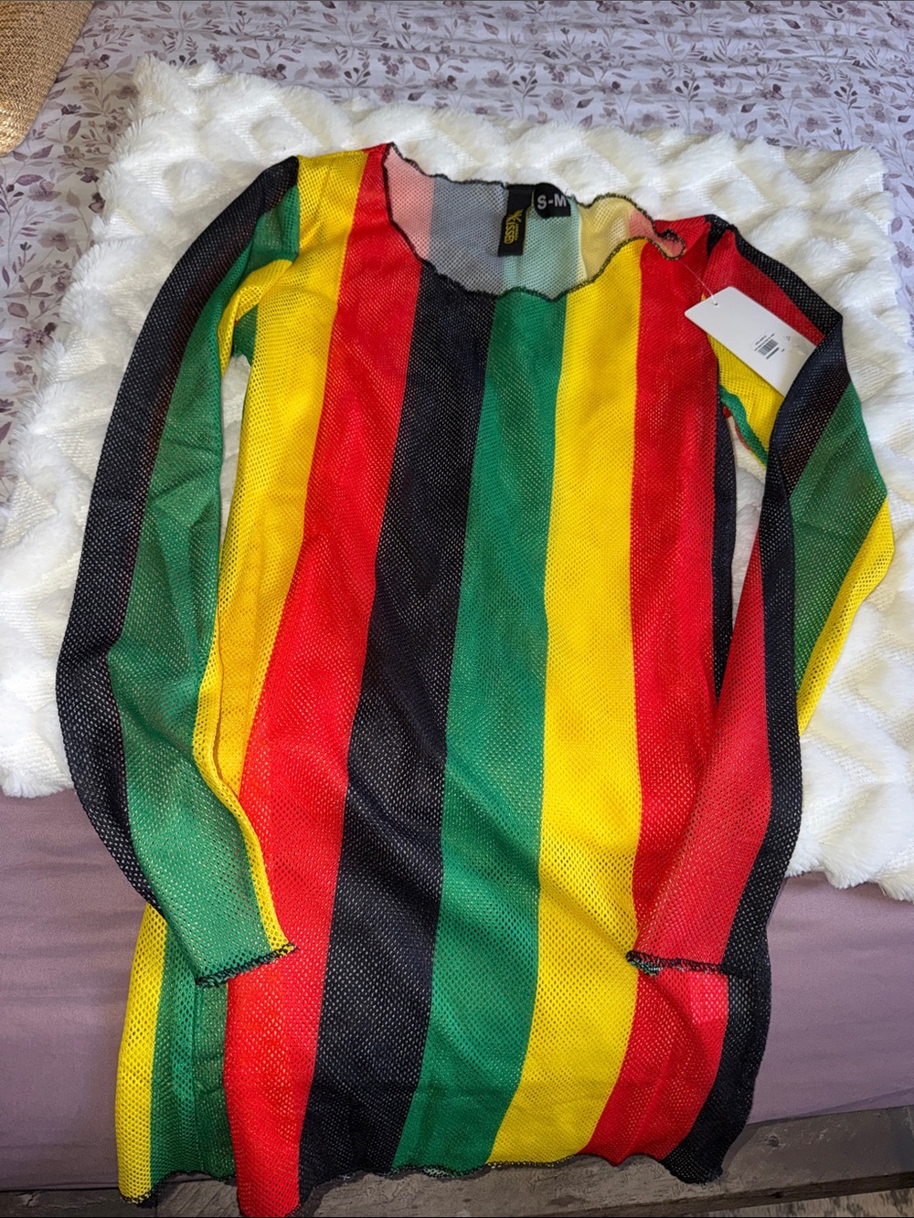 Striped Mesh Swim Coverup in Red, Yellow, Green, and Black